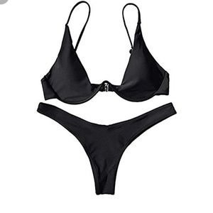Black Plunge Neck Bikini Set